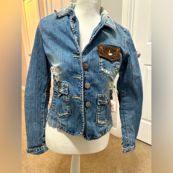 True Religion Destroyed Distressed Lighter Jean Jacket Coat Size XS Corduroy